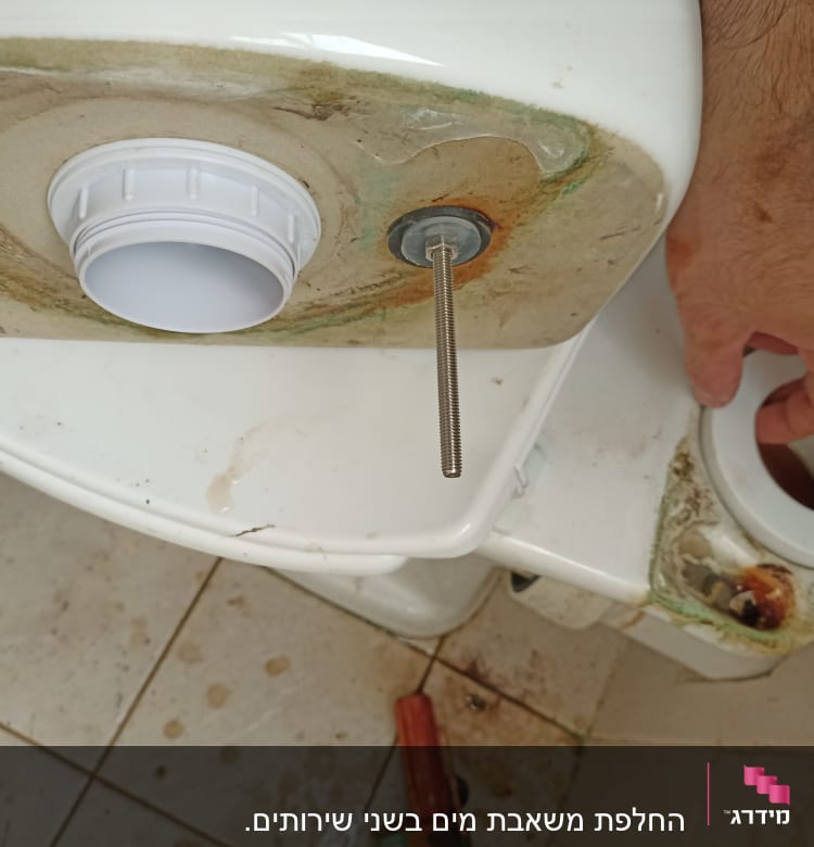 יד מתקנת אסלה עם ברגים וחלקי צנרת